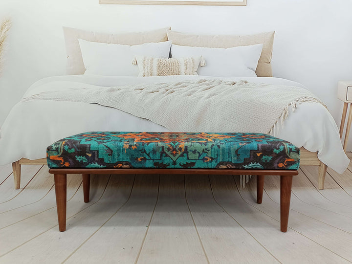 Oriental Legs Natural Wooden Decorative Bench, Designer Upholstered Ottoman Bench, Oriental Leg Walnut Footstool Bench Elegant Decor Bench With Brown Leg