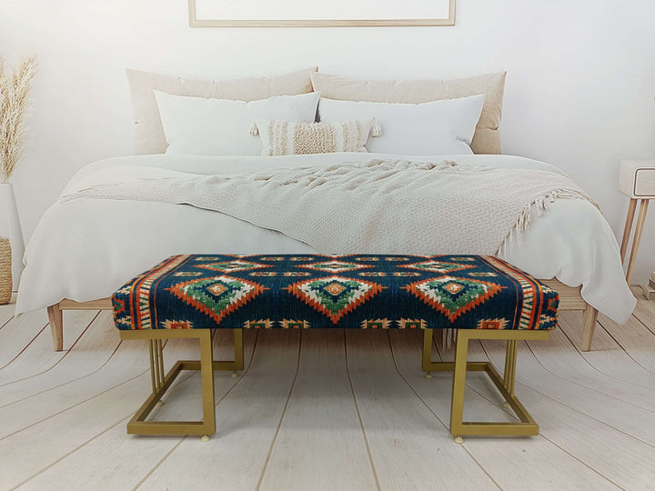 Eco Friendly Bench, Pet Friendly Upholstered Bench, Oriental Printed Fabric Upholstered Ottoman Bench, Dressing Table Set Bench, Rectangular Shoe Changing