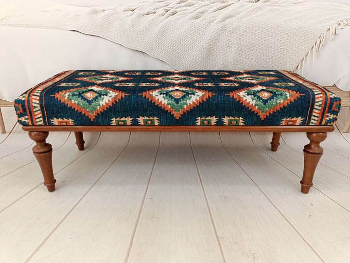 Modern Relaxation Bench with Backrest, Stylish Bohemian Pattern Upholstered Bench, Detailed View Of Upholstered Bench Cushion, Erasable Sitting Bench