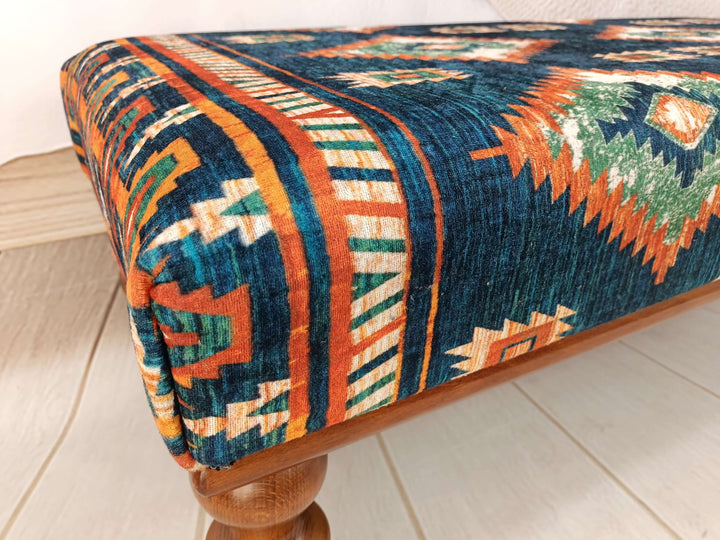 Kilim Pattern Dining Room Ottoman Bench, Durable Wood Leg Bench, Easy To Clean Upholstered Bench, Anatolian Upholstered Wooden Footstool Bench