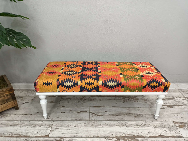 Traditional Comfort Bench, Oriental Wooden Leg Bench, Eraseble Footstool Bench, Walnut Wooden Footstool Bench, Stylish Bohemian Pattern Upholstered Bench