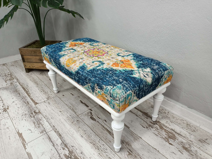 Ottoman Upholstered with Printed Rug Handmade Bench, Farmhouse Bench, Dressing room bench, Window seat, Wooden Leg Bench, Oriental Leg Walnut Footstool Bench,