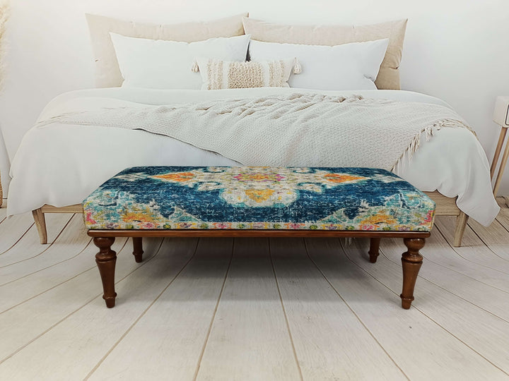 Stylish Bohemian Pattern Upholstered Bench, Detailed View Of Upholstered Bench Cushion, Erasable Sitting Bench Movie To Watch Comfort Bench, Oriental Legs Natural Wooden Decorative Bench