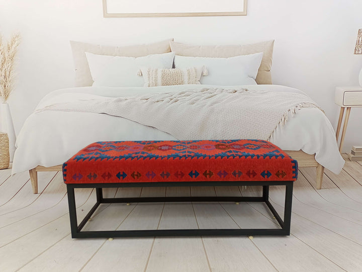 Oriental Printed Fabric Upholstered Ottoman Bench, Dressing Table Set Bench, Ottoman Upholstered with Printed Rug Handmade Bench, Patio Step Stool Bench