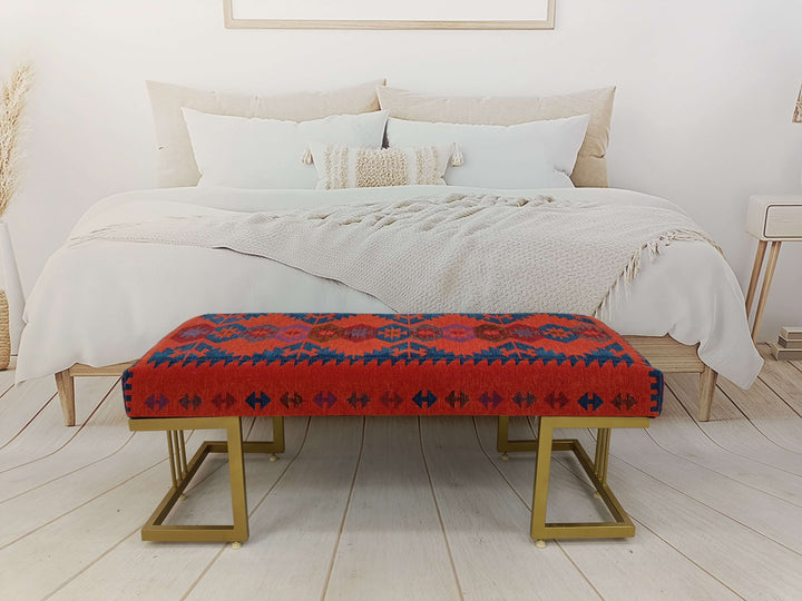 Orintal Chic Leg Footstool Bench, Wooden Durable Bench, Handmade Fabric Upholstered Bench, Kilim Rug Pattern Footstool Bench