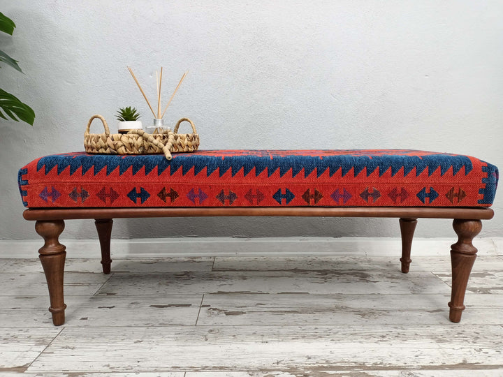 Handmade Furniture Bench, Footstool Bench For Livingroom, Kilim Rug Bench, Red Color Outdoor Comfortable Ottoman Footstool Bench