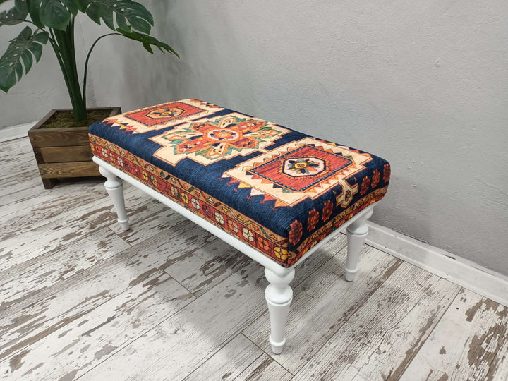 Nomadic Pattern Footstool Bench, Rustic Bench, Traditional Comfort Bench, Oriental Wooden Leg Bench, Easy To Clean Upholstered Bench