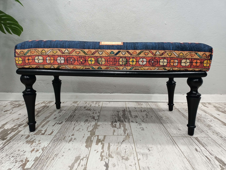 Oriental Printed Fabric Upholstered Ottoman Bench, Dressing Table Set Bench, Farmhouse Bench, Dressing room bench, Window seat, Wooden Leg Bench