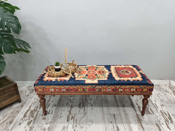 Ottoman Upholstered with Printed Rug Handmade Bench, Entry bench, Vintage rug bench, Piano bench, Upholstered bench, Bohemian bench, Ottoman bench