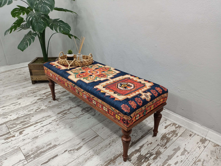 Oriental Printed Fabric Upholstered Ottoman Bench, Dressing Table Set Bench, Detailed View Of Upholstered Bench Cushion, Erasable Sitting Bench