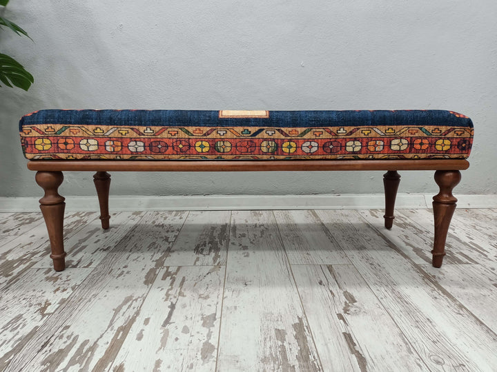 Kilim Pattern Dining Room Ottoman Bench, Durable Wood Leg Bench, Easy To Clean Upholstered Bench, Anatolian Upholstered Wooden Footstool Bench,