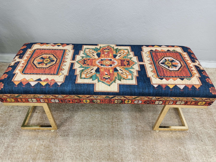 Bench with Printed Fabric, Natural Ottoman Bench With Classic Legs, Mid Century Modern Upholstered Fabric Rocking Bench, Modern Bench with Wooden Base