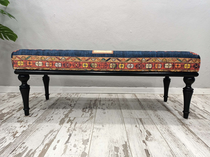 Durable Wood Leg Bench, Easy To Clean Upholstered Bench, Anatolian Upholstered Wooden Footstool Bench, Nomadic Pattern Footstool Bench, Rustic Bench