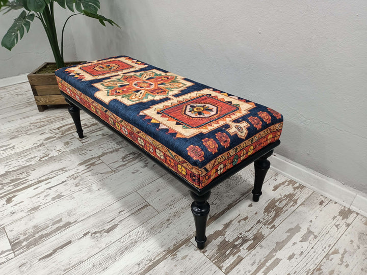 Printed Fabric Upholstered Ottoman Bench, Dressing Table Set Bench Ottoman Upholstered with Printed Rug Handmade Bench, Farmhouse Bench, Dressing room bench