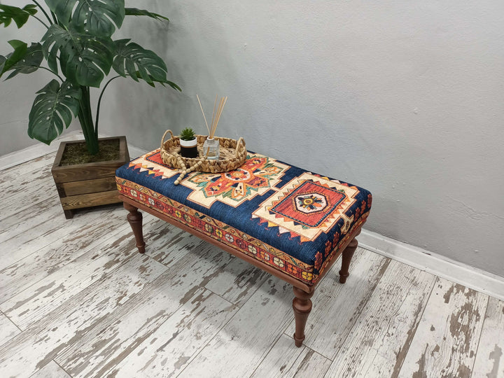 Entry bench, Vintage rug bench, Piano bench, Upholstered bench, Bohemian bench, Ottoman bench, Turkish Kilim Pattern Ottoman Bench with Storage