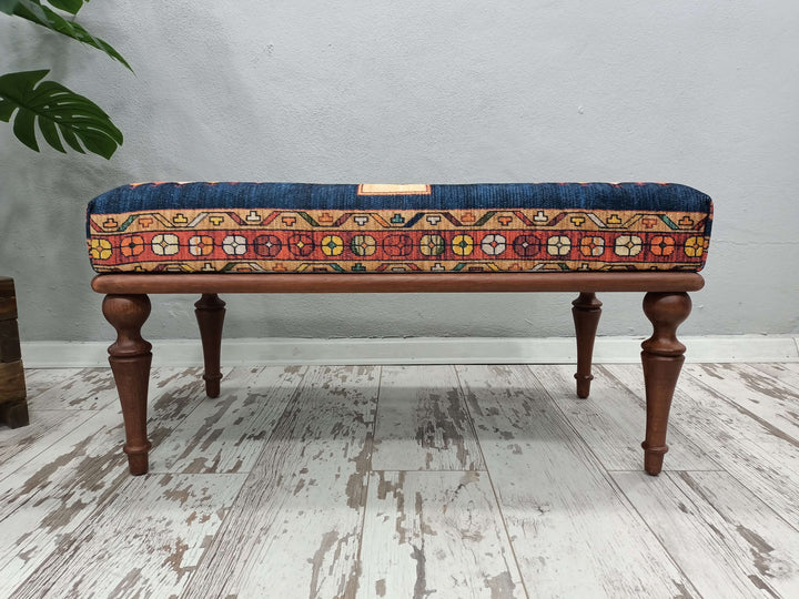 Bench with Printed Fabric, Natural Ottoman Bench With Classic Legs, Bedroom Relax Sitting Comfortable Bench, Dressing Table Set Bench