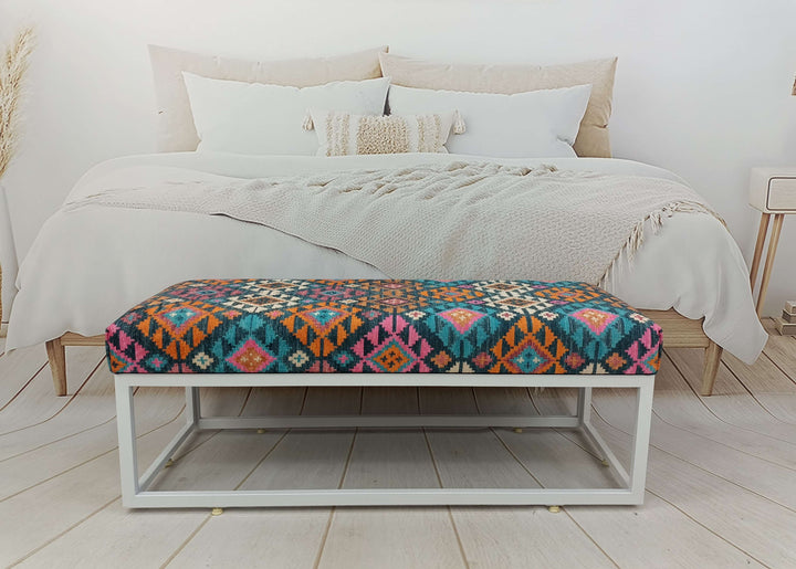 Durable Wood Leg Bench, Easy To Clean Upholstered Bench, Anatolian Upholstered Wooden Footstool Bench, Nomadic Pattern Footstool Bench