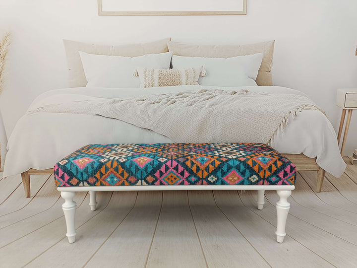 Bench with Arms, Durable Wood Leg Bench, Easy To Clean Upholstered Bench, Kilim Pattern Dining Room Ottoman Bench, Durable Wood Leg Bench, Easy To Clean Upholstered Bench