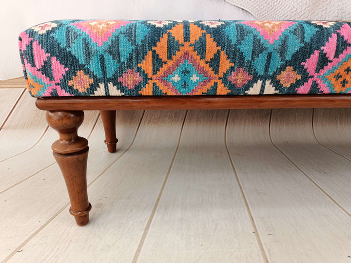 Kilim Pattern Dining Room Ottoman Bench, Durable Wood Leg Bench, Easy To Clean Upholstered Bench, Anatolian Upholstered Wooden Footstool Bench