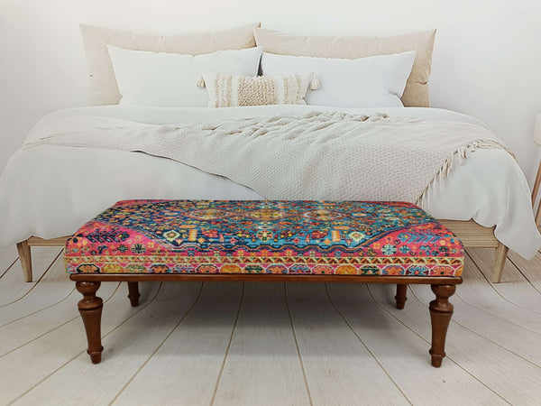 Ethnic Pattern Turkish Ottoman Bench for Bedrom, New House Decorative Bench, Practical Upholstered Footstool Bench, Oriental Legs Natural Wooden Decorative Bench