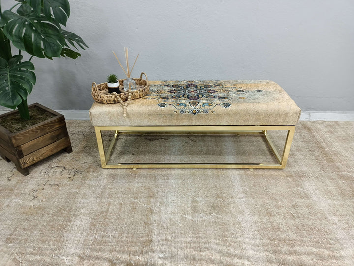 Oriental Printed Fabric Upholstered Ottoman Bench, Bench Front Of The Entrance Door,Rectangular Ottoman Countertop Footstool for Living Room