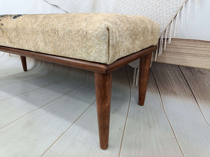 Easy To Clean Upholstered Bench, Durable Wood Leg Bench, Kilim Pattern Dining Room Ottoman Bench, Wooden Makeup Stool, Turkish rug design ottoman Bench,
