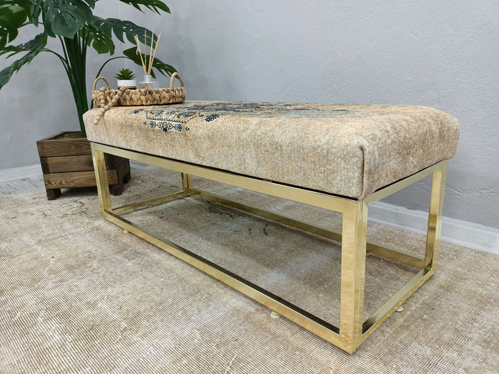 Comfortable Relax Rocking Bench, Short Ottoman Stool, Easy To Clean Upholstered Bench, Kilim Pattern Dining Room Ottoman Bench, Wooden Stool Bench