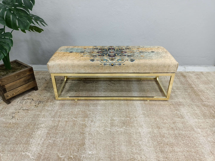 Wooden Stool, Kilim Pattern Dining Room Ottoman Bench, Pet Friendly Upholstered Bench, Stylish Bohemian Pattern Upholstered Bench, Garden Decorative Bench