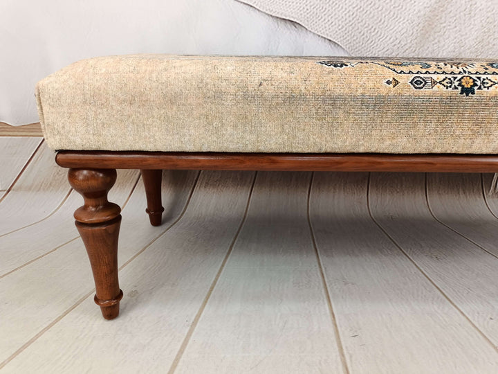 Brown Oriental Footstool Bench, Ottoman Upholstered with Printed Rug Handmade Bench, Bedroom bench, Bench with Arms, White Leg Bench, Bedroom Decor Bench