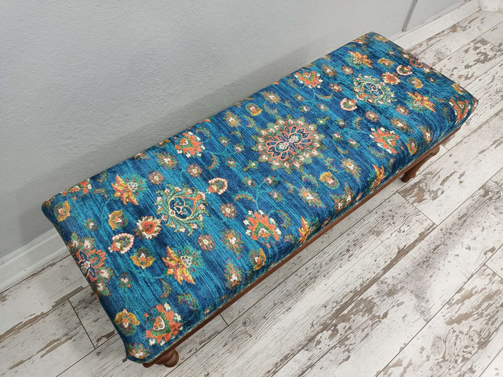 Wooden Leg Bench Upholstered Bench, Wooden Bench with Backrest, Small Relaxing Bench for Kids Room, Blue Color Fabric Upholstered Footstool Bench