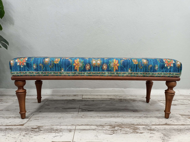 Bench with Arms, Durable Wood Leg Bench, Easy To Clean Upholstered Bench, Kilim Pattern Dining Room Ottoman Bench, Durable Wood Leg Bench