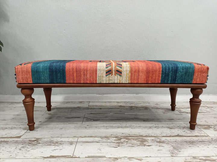 Lounge Bench, Clothes Chest, End Of Bed Bench, Turkish Kilim Pattern Ottoman Bench with Storage, Upholstered Bench, Wooden Leg Ottoman Bench with Small Stand, Sofa Tea Seat Padded Stool, 