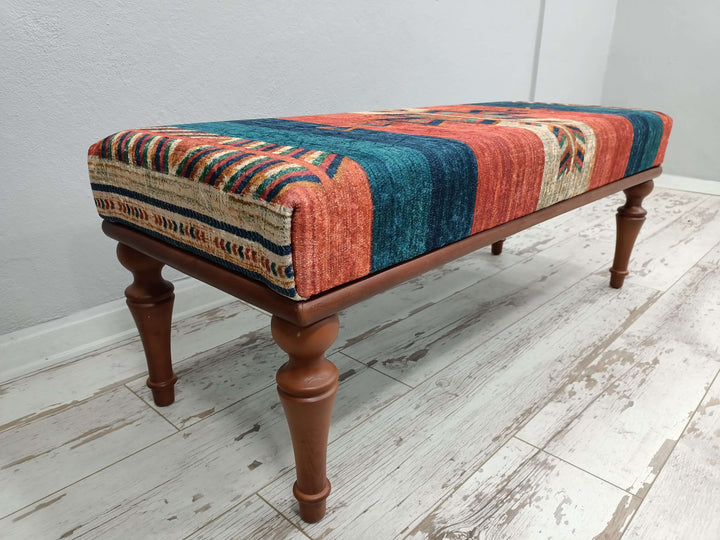 Oriental Legs Natural Wooden Decorative Bench, Stylish Bohemian Pattern Upholstered Bench, Entrance Hall Modern Decor Sitting Bench, Home Bench
