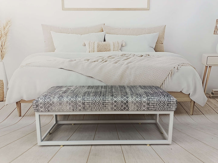 Gray Modern Look Ottoman Bench Seat, Bench with Printed Fabric, Elegant Reading Bench, Classic Fabric Upholstered Entryway Bench Bedroom Bench with Rustic Wood Legs