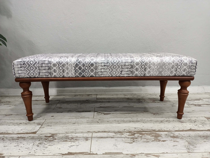 Dining Bench Upholstered Entryway Bench Footstool Kitchen, Classic Fabric Upholstered Entryway Bench Bedroom Bench with Rustic Wood Legs
