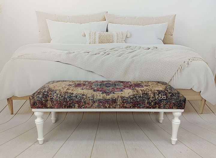 End of Bed Turkish Rug Pattern Ottoman Bench, Stylish Bohemian Pattern Upholstered Bench, Detailed View Of Upholstered Bench Cushion, Erasable Sitting Bench