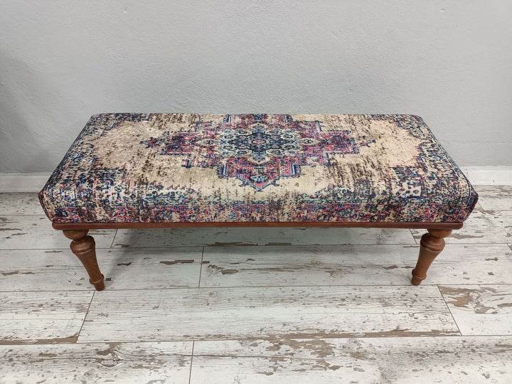 Ottoman Velvet Upholstered Bench, Wooden Rocking Bench With Oriental Legs, Dressing room bench, Window seat, Wooden Leg Bench
