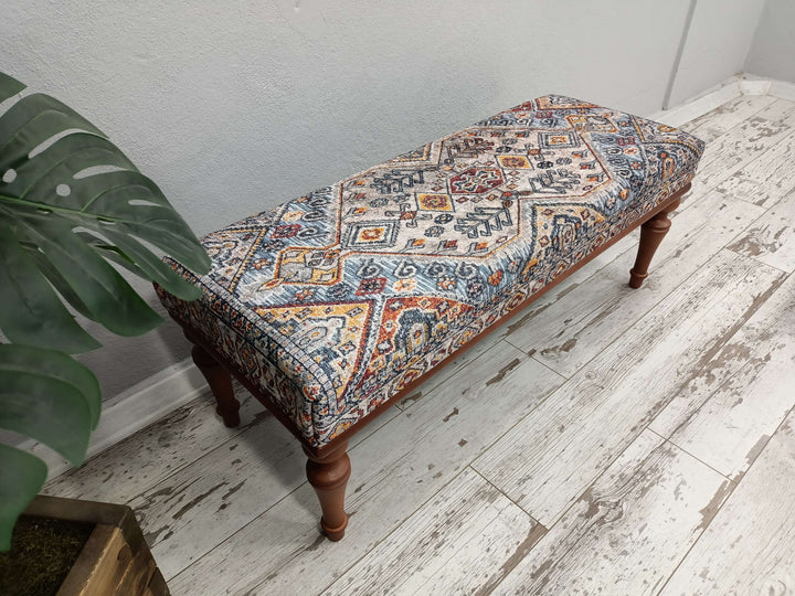 Traditional Comfort Bench, Oriental Wooden Leg Bench, Eraseble Footstool Bench, Walnut Wooden Footstool Bench, Upholstered Entry Bench, Bedroom Bench for End of Bed, 