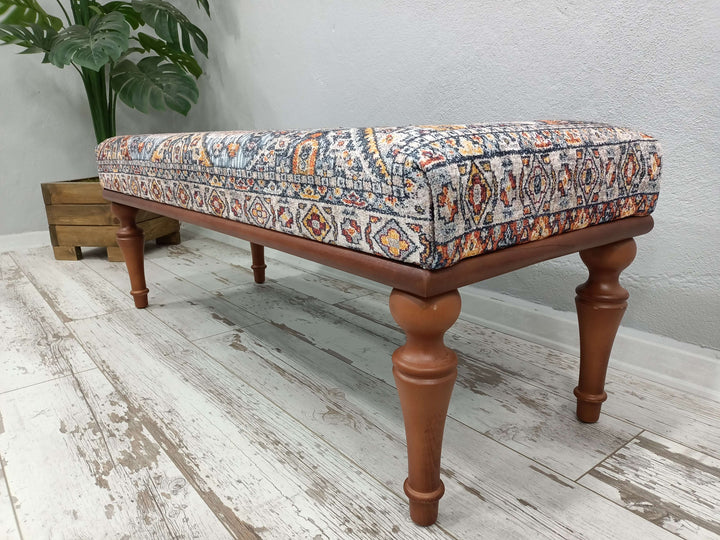 Upholstered Library Bench, Bedroom Bench for End of Bed, Dining Bench with Padded Seat for Kitchen, Fabric Walnut Wooden Indoor Bench, Upholstered Coffee Table