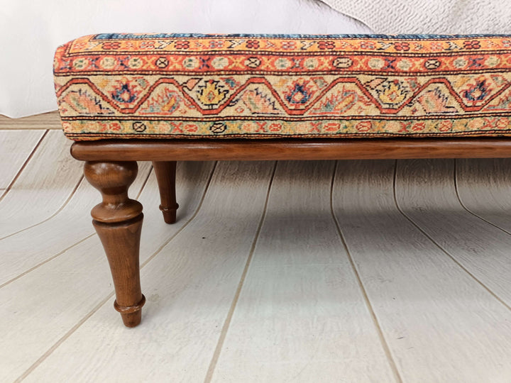 High Back and Walnut Wood Bench, Upholstered Bench, Wooden Bench with Backrest, Wooden Base Bench, Benchwith Arms, Kilim Pattern Dining Room Ottoman Bench