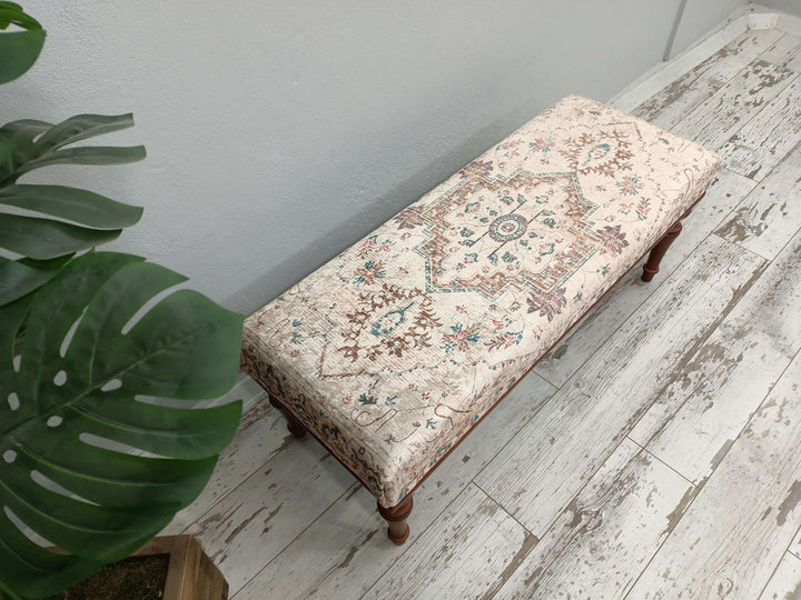 Oriental Legs Natural Wooden Decorative Bench, Stylish Bohemian Pattern Upholstered Bench, Entrance Hall Modern Decor Sitting Bench, Mid Century Modern Upholstered Fabric Rocking Bench