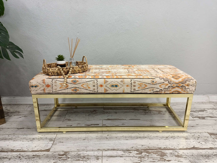 Anatolian Upholstered Wooden Footstool Bench, Ottoman Upholstered with Printed Rug Handmade Bench, Movie To Watch Comfort Bench, Home Rocking Bench