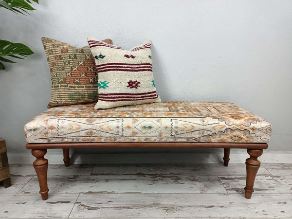 Muted Ottoman Bench for Living Room, Classic Fabric Upholstered Entryway Bench Bedroom Bench with Rustic Wood Legs, Comfortable Outdoor Reading Wooden Bench