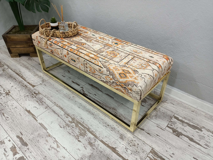Durable Wood Leg Bench, Easy To Clean Upholstered Bench, Kilim Pattern Dining Room Ottoman Bench, Durable Wood Leg Bench, Easy To Clean Upholstered Bench