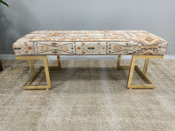 Eco Friendly Bench, Pet Friendly Upholstered Bench, Oriental Printed Fabric Upholstered Ottoman Bench, Dressing Table Set Bench Ottoman Upholstered with Printed Rug Handmade Bench