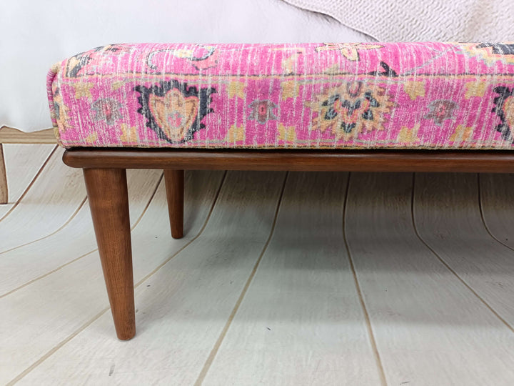 Small Ottoman Foot Rest for Sofa, Wooden Stool, Kilim Pattern Dining Room Ottoman Bench, Durable Wood Leg Bench, Easy To Clean Upholstered Bench