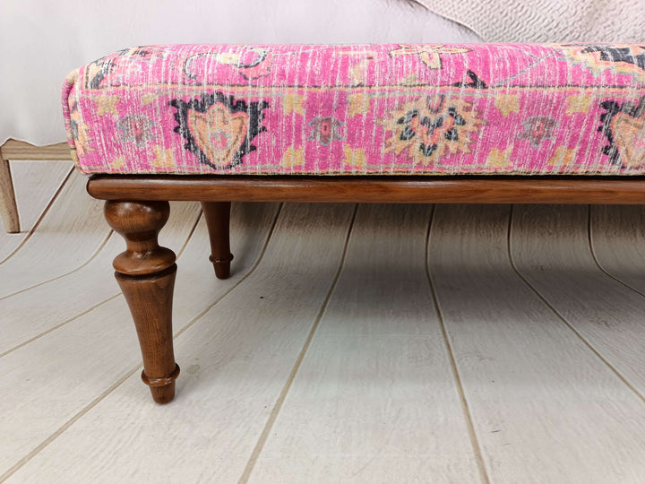 Vintage Upholstered Ottoman Bench for Entryway, Turkish rug design ottoman, Storage bench, Ottoman Upholstered with Printed Rug Handmade Bench