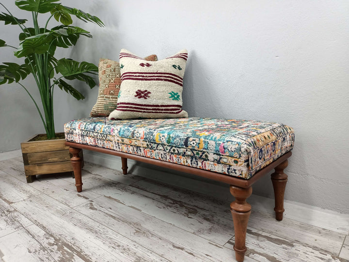 Easy To Clean Upholstered Bench, Anatolian Upholstered Wooden Footstool Bench, Farmhouse Bench, Dressing room bench, Bedroom Decor Bench, Wooden Leg Bench