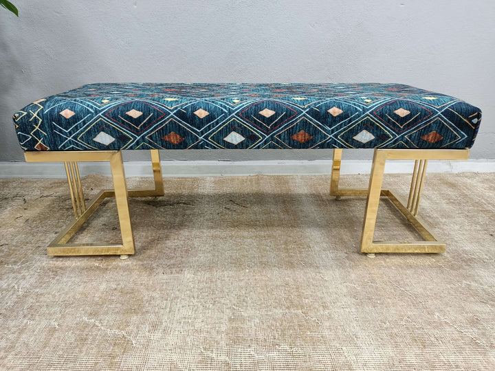 Navy Blue Fabric Upholstered Bench, Natural Wooden Leg Bench, Easy To Clean Fabric Bench, Oriental Design Footstool Bench, Pet Friendly Upholstered Bench