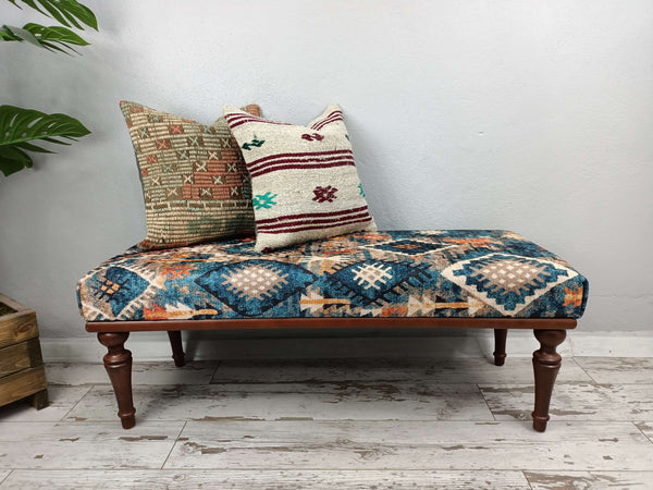 Turkish Rug Pattern Traditional Ottoman Bench, Rustic Bench, Traditional Comfort Bench, Oriental Wooden Leg Bench, Dining Bench with Padded Seat for Kitchen